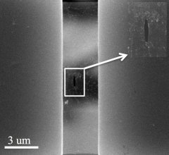 An electron microscope image shows a pre-crack in a suspended sheet of graphene used to measure the overall strength of the sheet in a test at Rice University. Rice and Georgia Tech scientists performed experiments and theoretical calculations and found that graphene, largely touted for its superior physical strength, is only as strong as its weakest point. (Credit: The Nanomaterials, Nanomechanics and Nanodevices Lab/Rice University)
